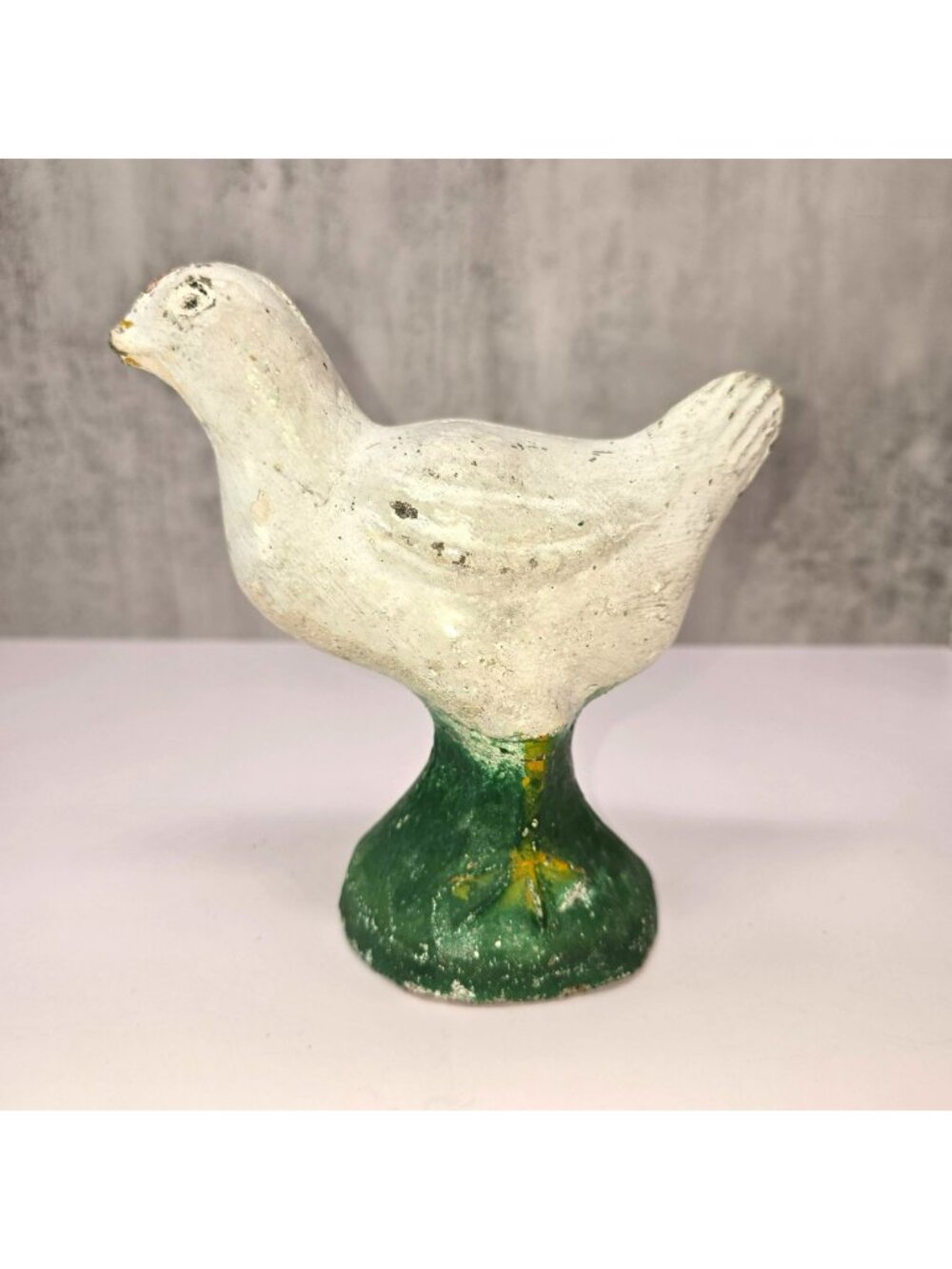Vintage Bird Figurine Concrete Hand-Painted With Green Base Farmhouse CM2322